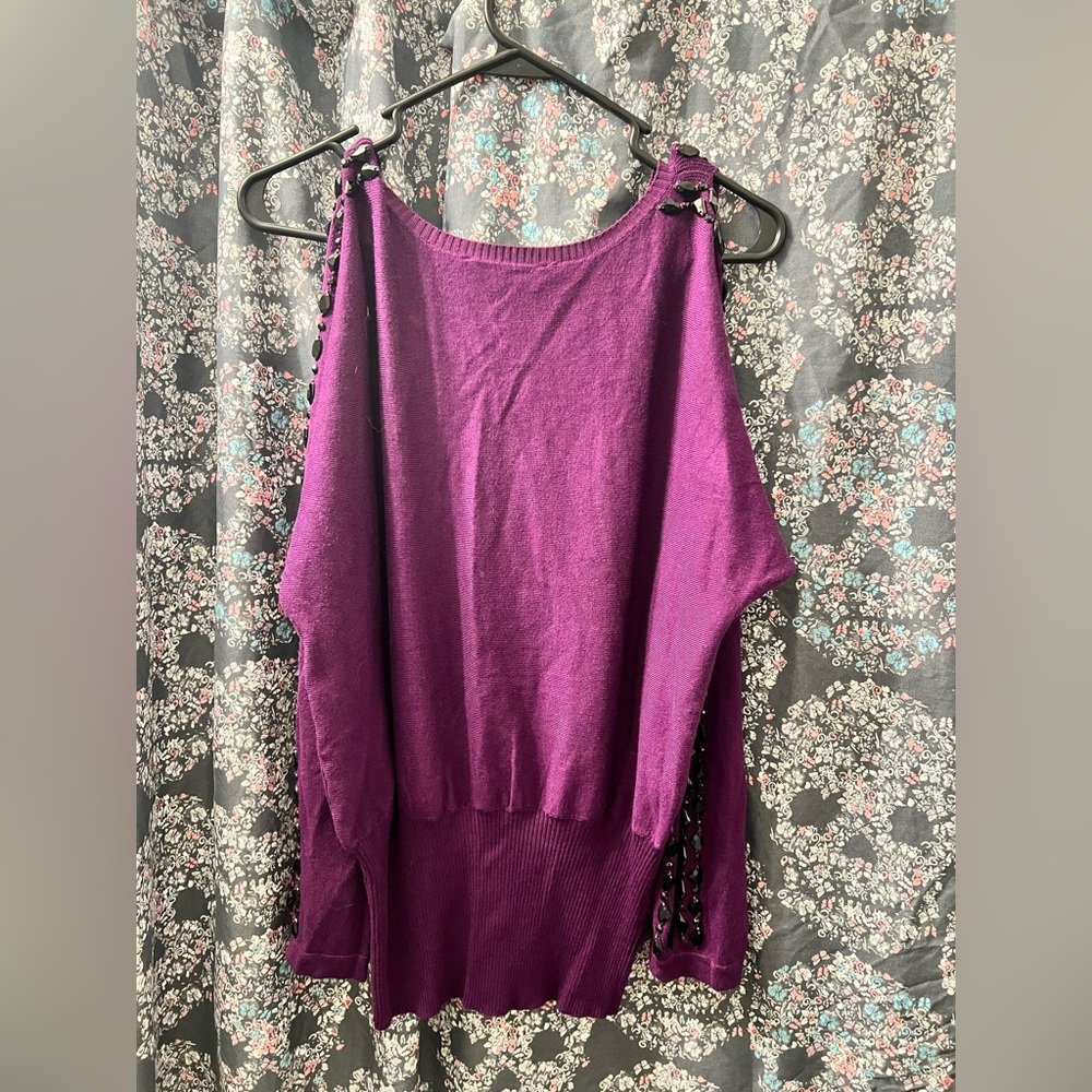 Ashley stewart deep plum banded cold shoulder beaded sleeve sweater